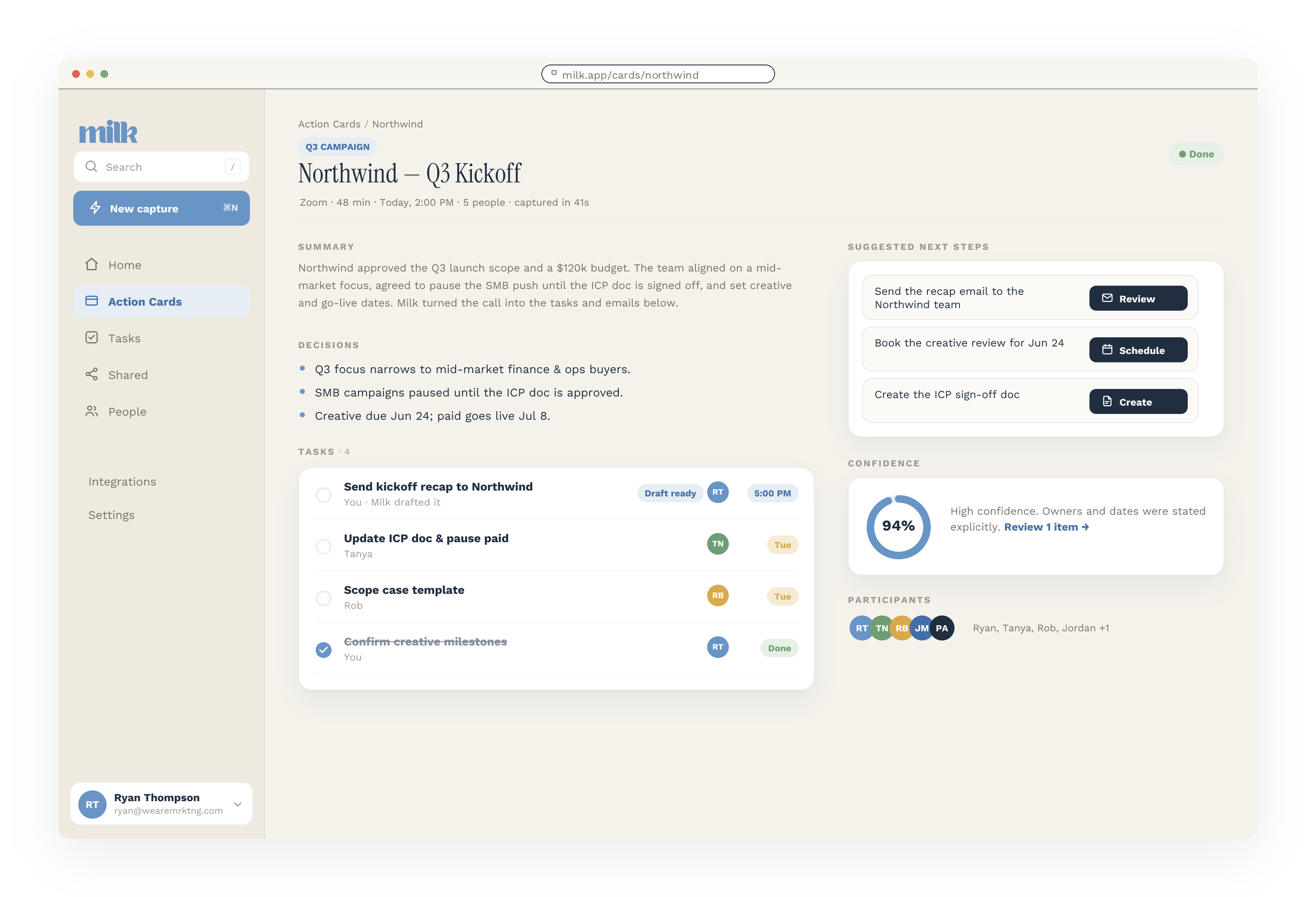 A Milk Action Card with summary, decisions, tasks, and next steps