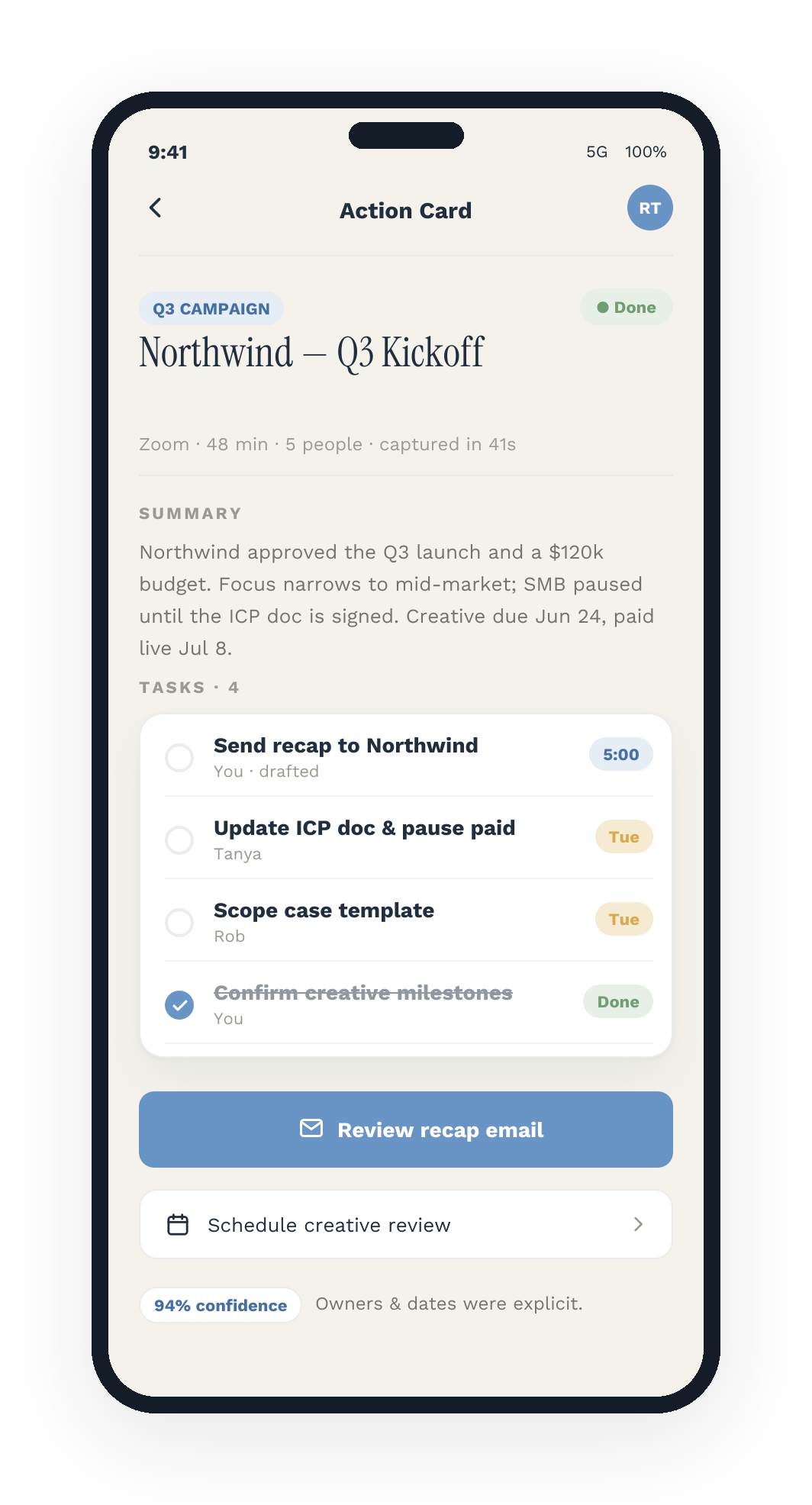 Milk on mobile showing an Action Card